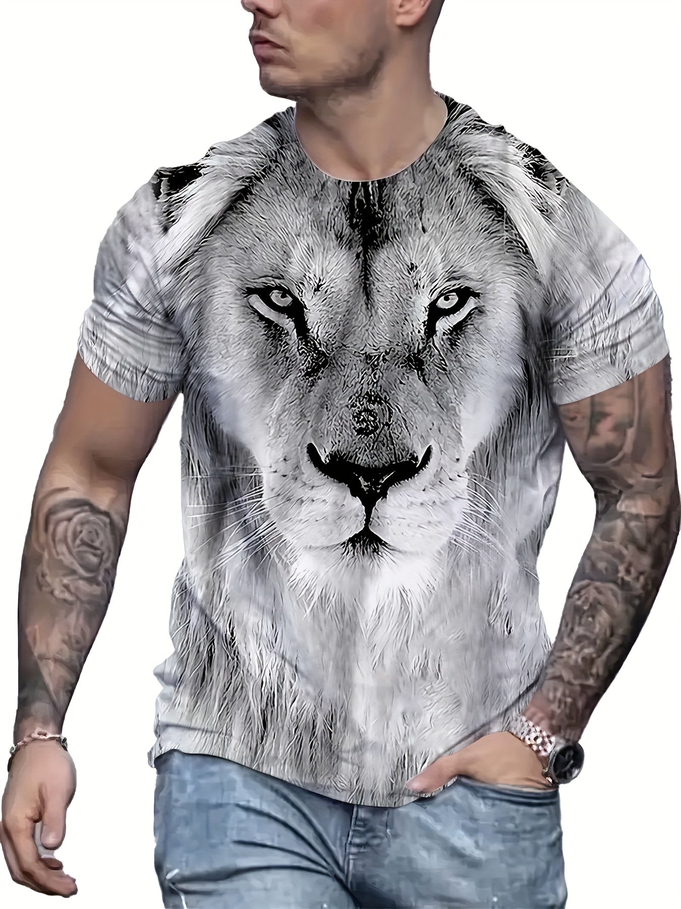 Men's Lion Pattern 3D Print Sports T-shirt Casual Round Neck Tee Shirt