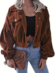 Corduroy Crop Jacket Long Sleeve for Fall & Winter Women's Clothing