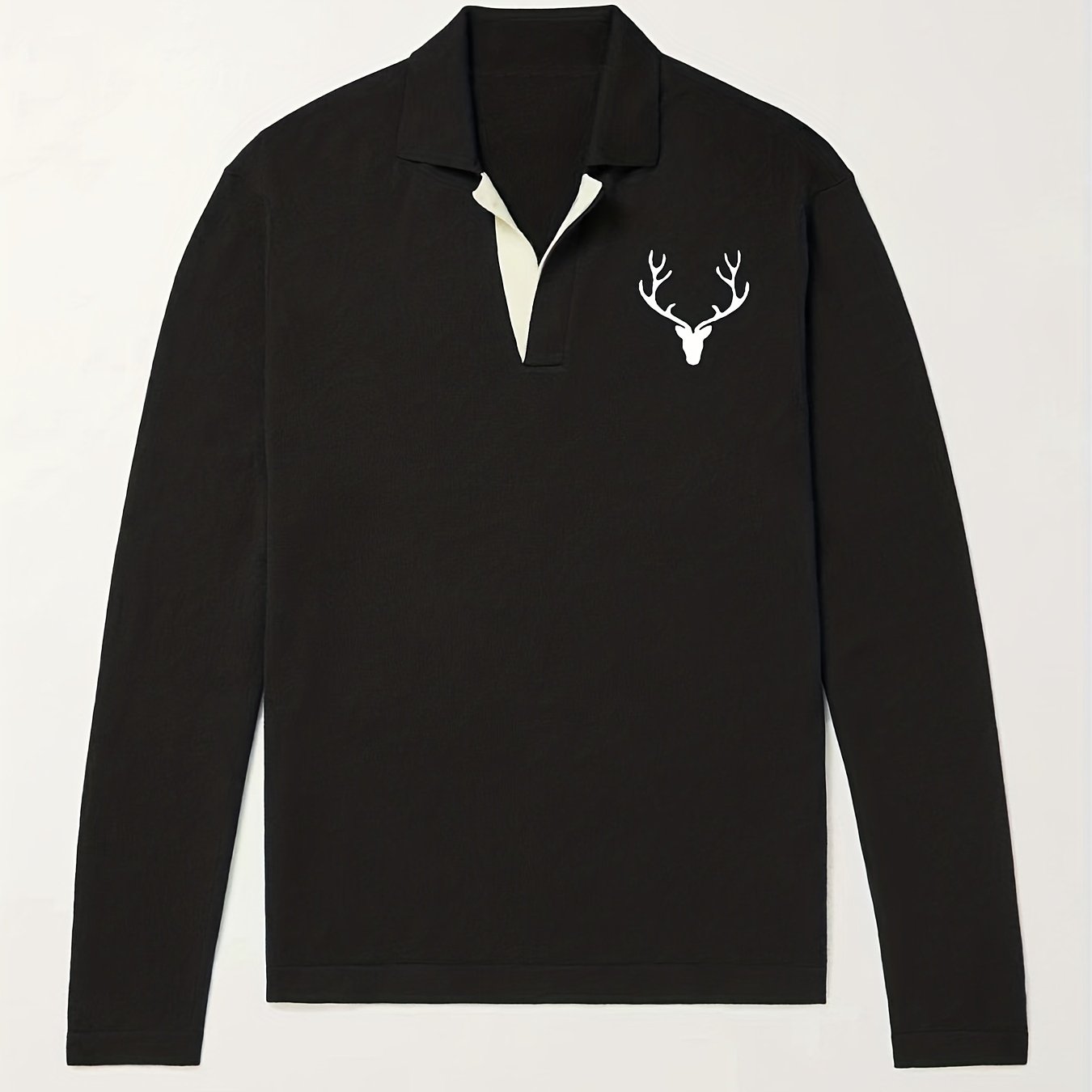 Deer Pattern Knit Polo Shirt Men's Casual Stretch V Neck Sweater