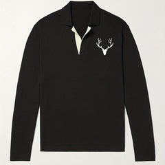 Deer Pattern Knit Polo Shirt Men's Casual Stretch V Neck Sweater
