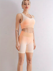 2 Pcs Gradient Yoga Clothing Suit Elastic Waist Sports Shorts Suit