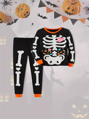 Boy's Skeleton Pattern Sweatshirt & Sweatpants Set for Halloween Party