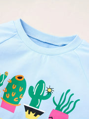 Girls Cactus Print Crew Neck Sweatshirts For Sports Casual Outfit