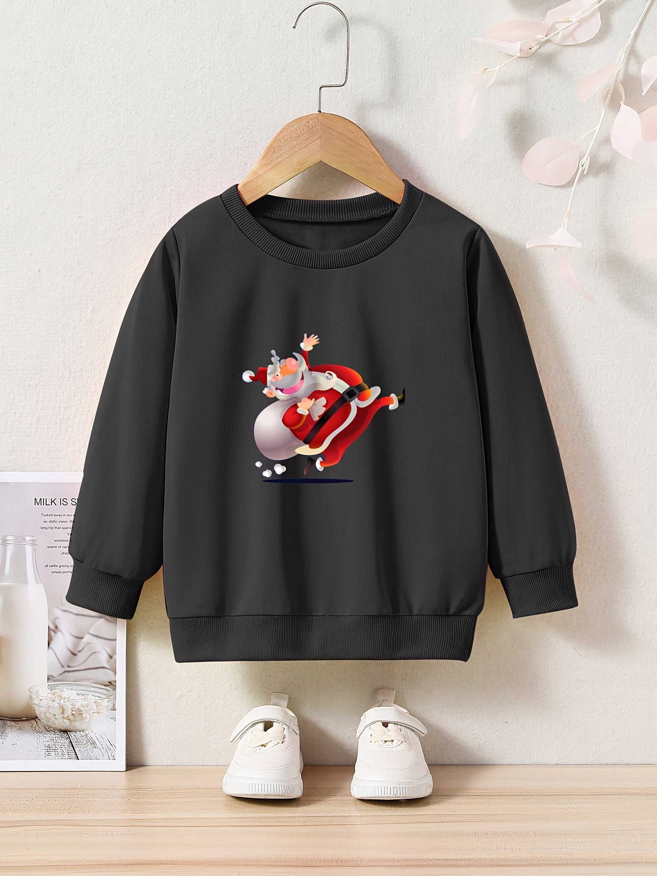 Christmas Santa Print Girls Pullover Sweatshirt Long Sleeve Crew Neck Tops