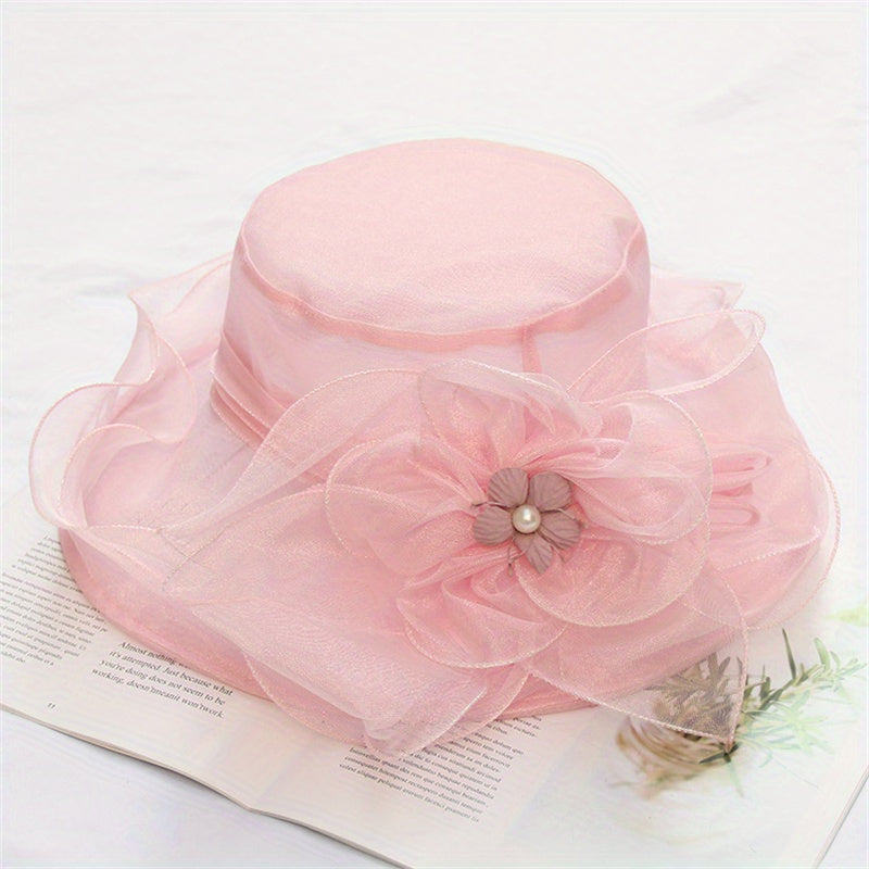 Ruffles Sun Hat Flower Decor Organza Church Derby Hats Mesh Travel Beach Hats