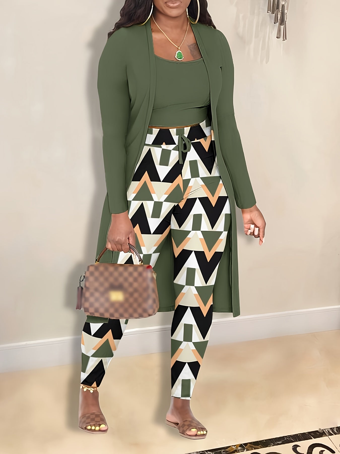 3pc Set: Solid Cardigan, Tank Top & Plaid Leggings