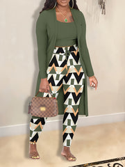 3pc Set: Solid Cardigan, Tank Top & Plaid Leggings