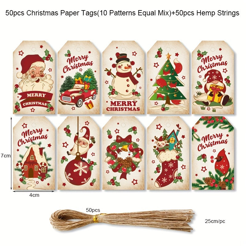 50pcs Christmas Gift Labels Cards with Hemp Rope - Tree Decoration