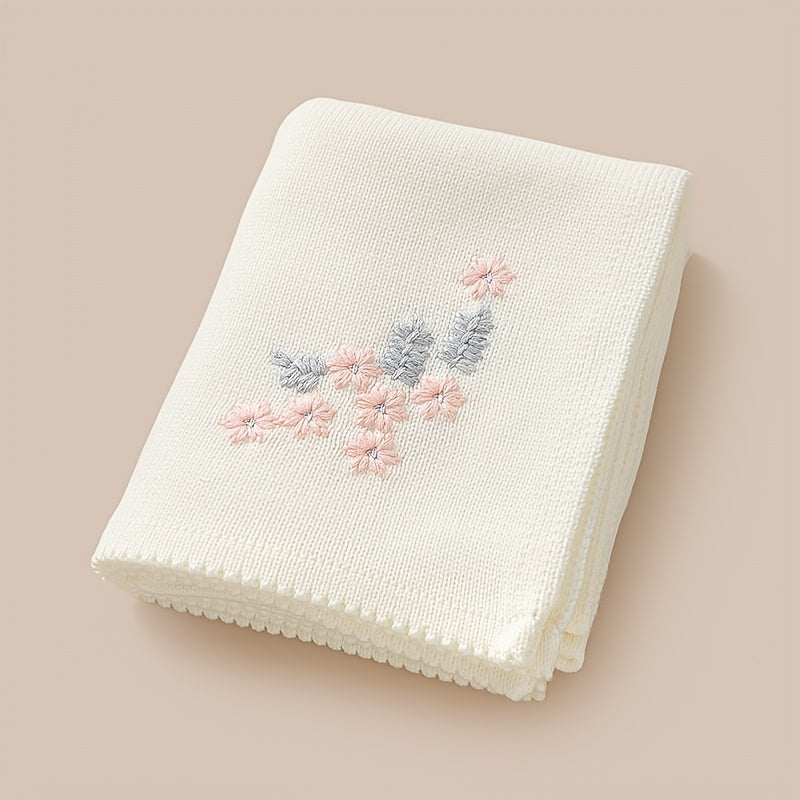 Soft Knitted Baby Blanket Acrylic Jacquard Floral Embroidery Beige
