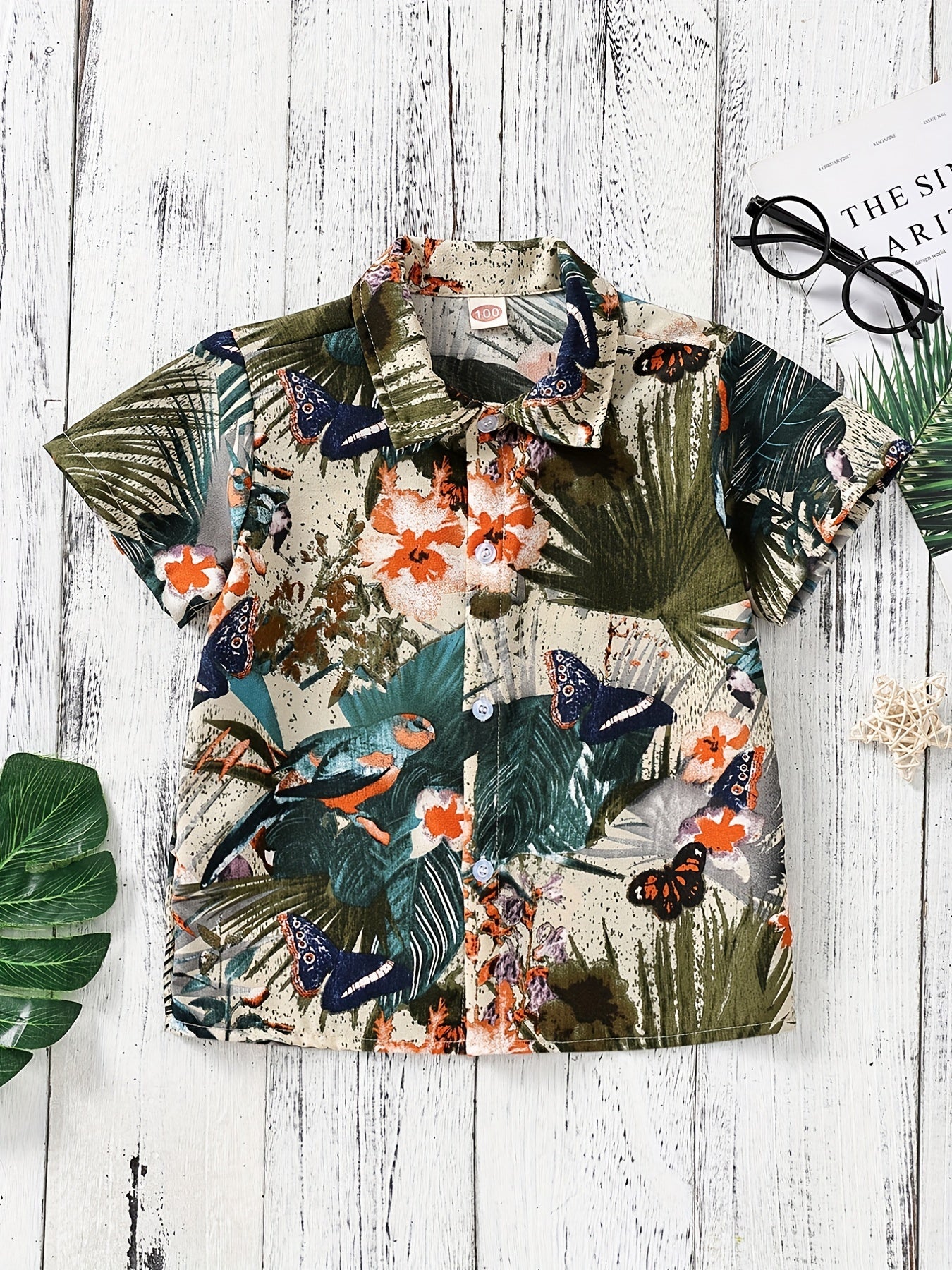 Boys Bird Butterfly Leaves Print Short Sleeves Shirt