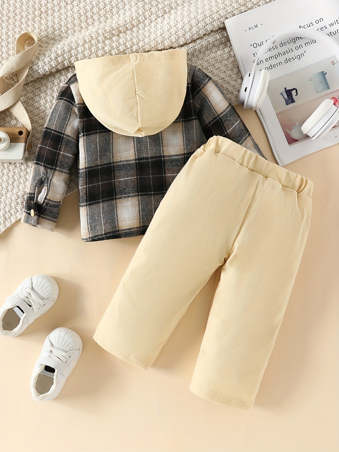 Plaid Hoodie Set Long Sleeve Top & Pants For Baby Boys