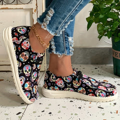 Skull & Floral Pattern Low Top Slip On Shoes for Women