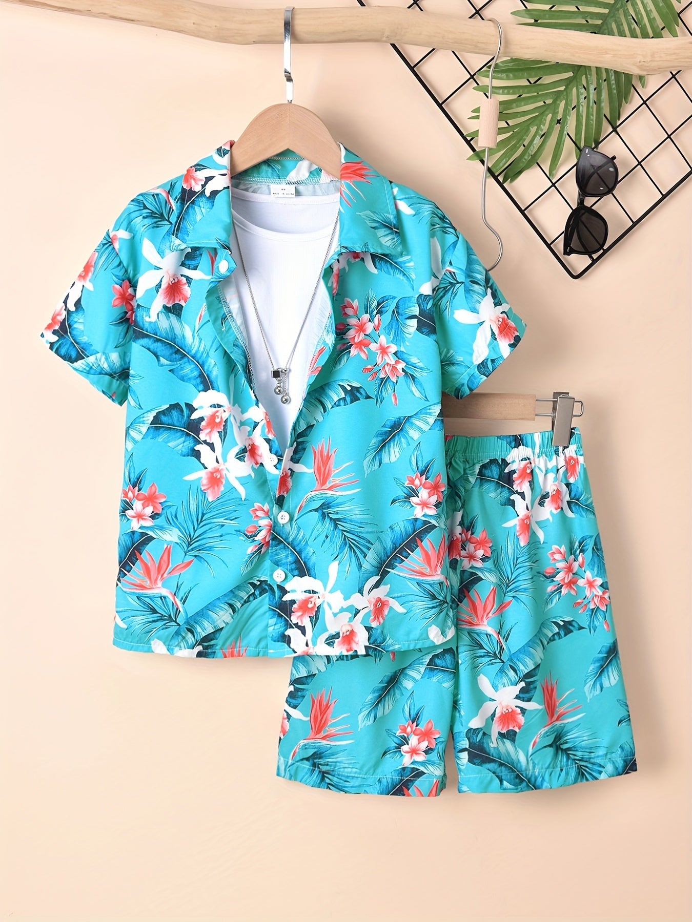 Boys Flowers & Leaves Print Casual Outfit Short Sleeves Shirt & Shorts