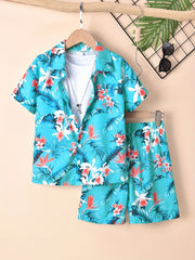 Boys Flowers & Leaves Print Casual Outfit Short Sleeves Shirt & Shorts