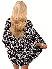 Print Cover Up Shirt V Neck Long Sleeves Loose Fit Casual Semi Sheer Cardigan