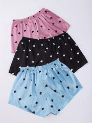 Heart Print Sleep Bottoms Elastic Waistband Shorts Women's Sleepwear