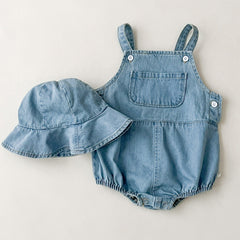 Baby Denim Triangle Bodysuit Hat 2pcs Set Girls Summer Outfit