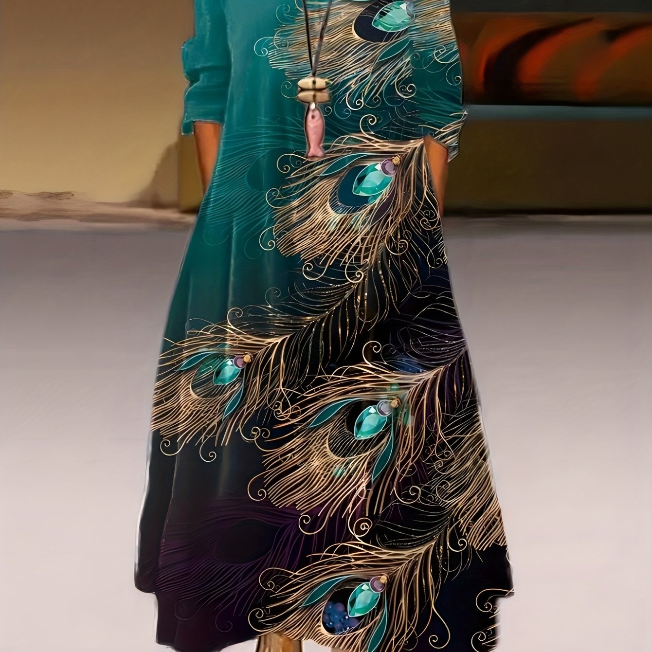 Peacock Print Long Sleeve Maxi Dress