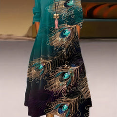 Peacock Print Long Sleeve Maxi Dress