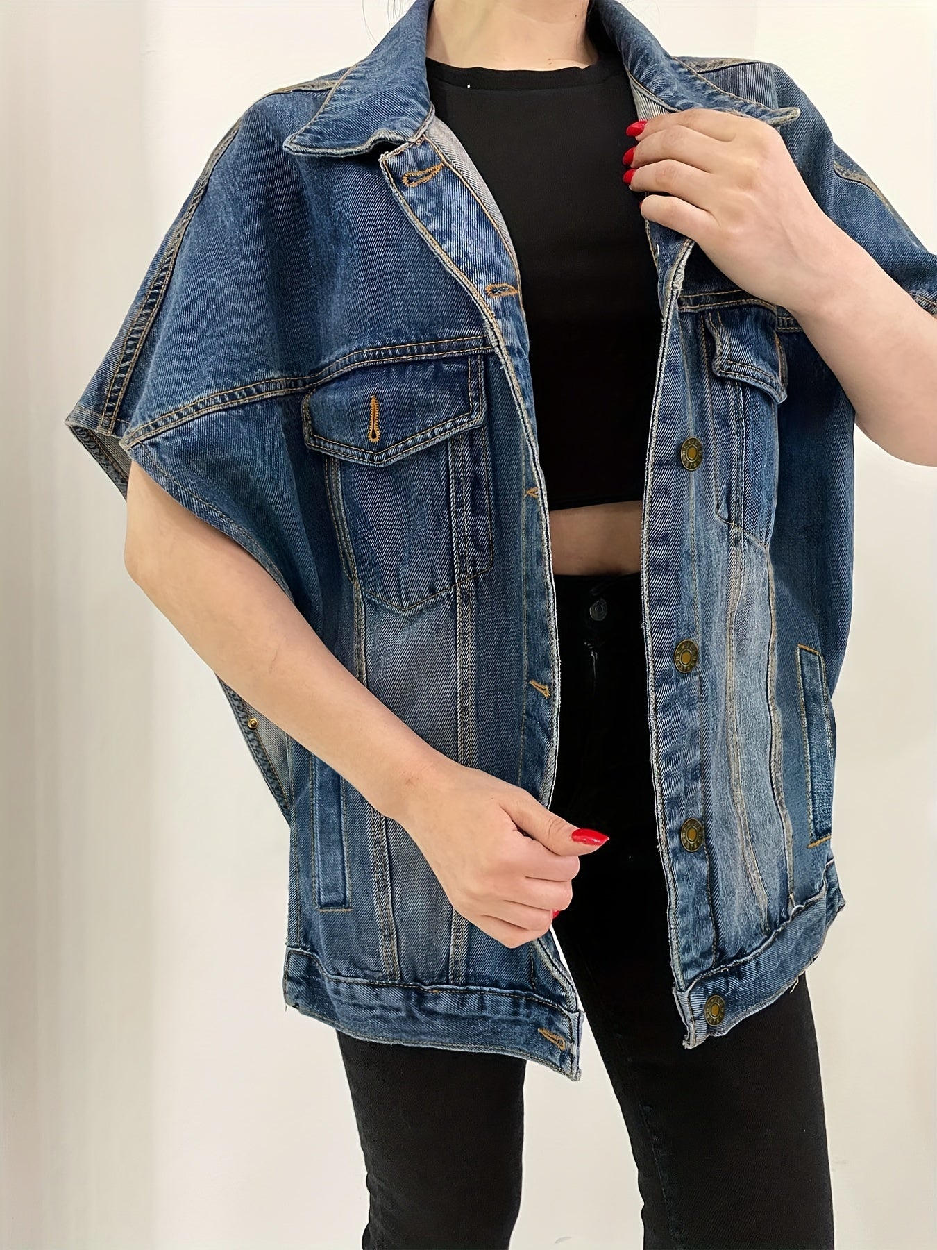 Loose Fit Denim Jackets Single Breasted Button Flap Pockets Lapel Denim Coats