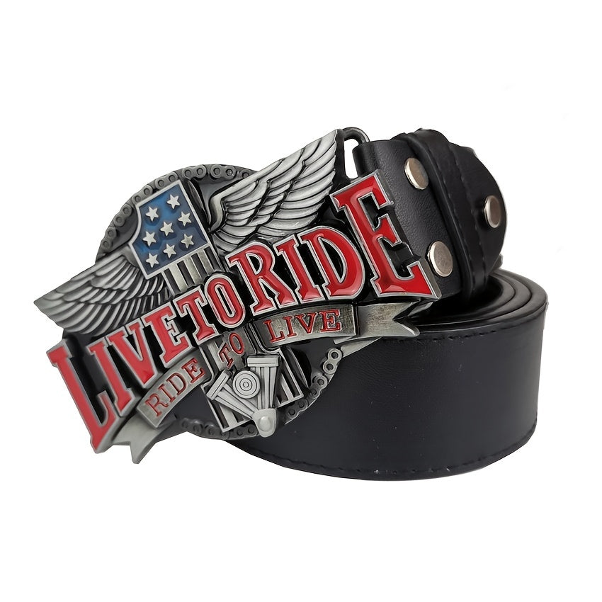 Men's Enamel Live To Ride Belt Buckle with PU Belt, Birthday Gift