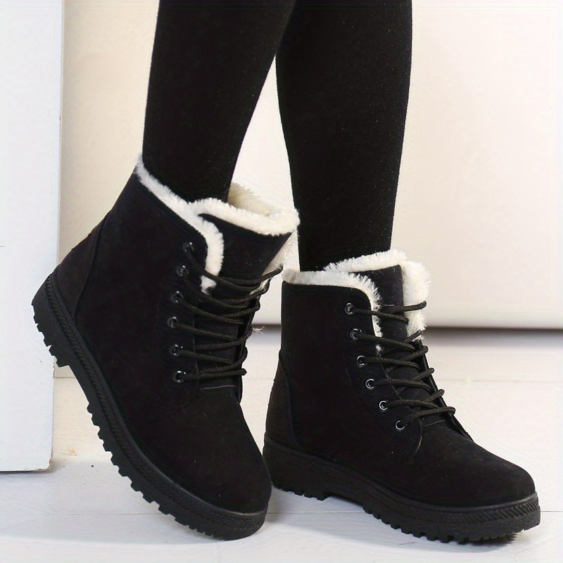 Faux Fur Ankle Boots Round Toe Lace Up Warm Winter Booties