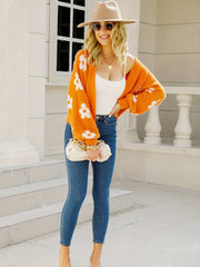 Floral Pattern Open Front Cardigan Long Sleeve Crop Sweater