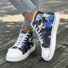 Women's Floral High Top Canvas Sneakers Lace Up Flat Shoes