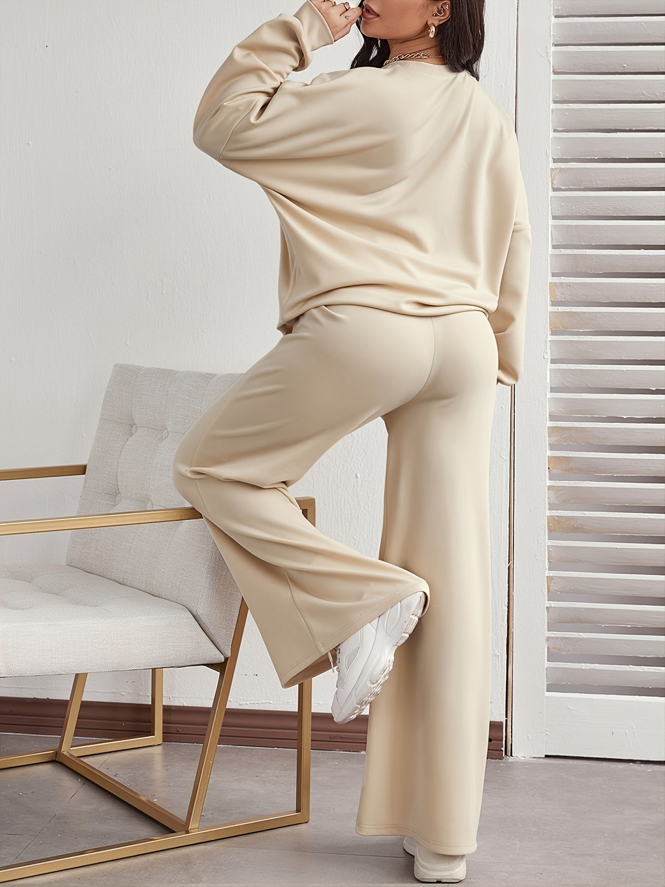 Solid Long Sleeve Top & Wide Leg Pant Set Women's Plus Size