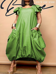 Plus Denim Print Butterfly Sleeve Round Neck Maxi Dress