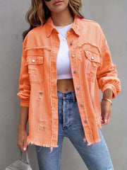 Denim Top Women's Ripped Button Up Long Sleeve