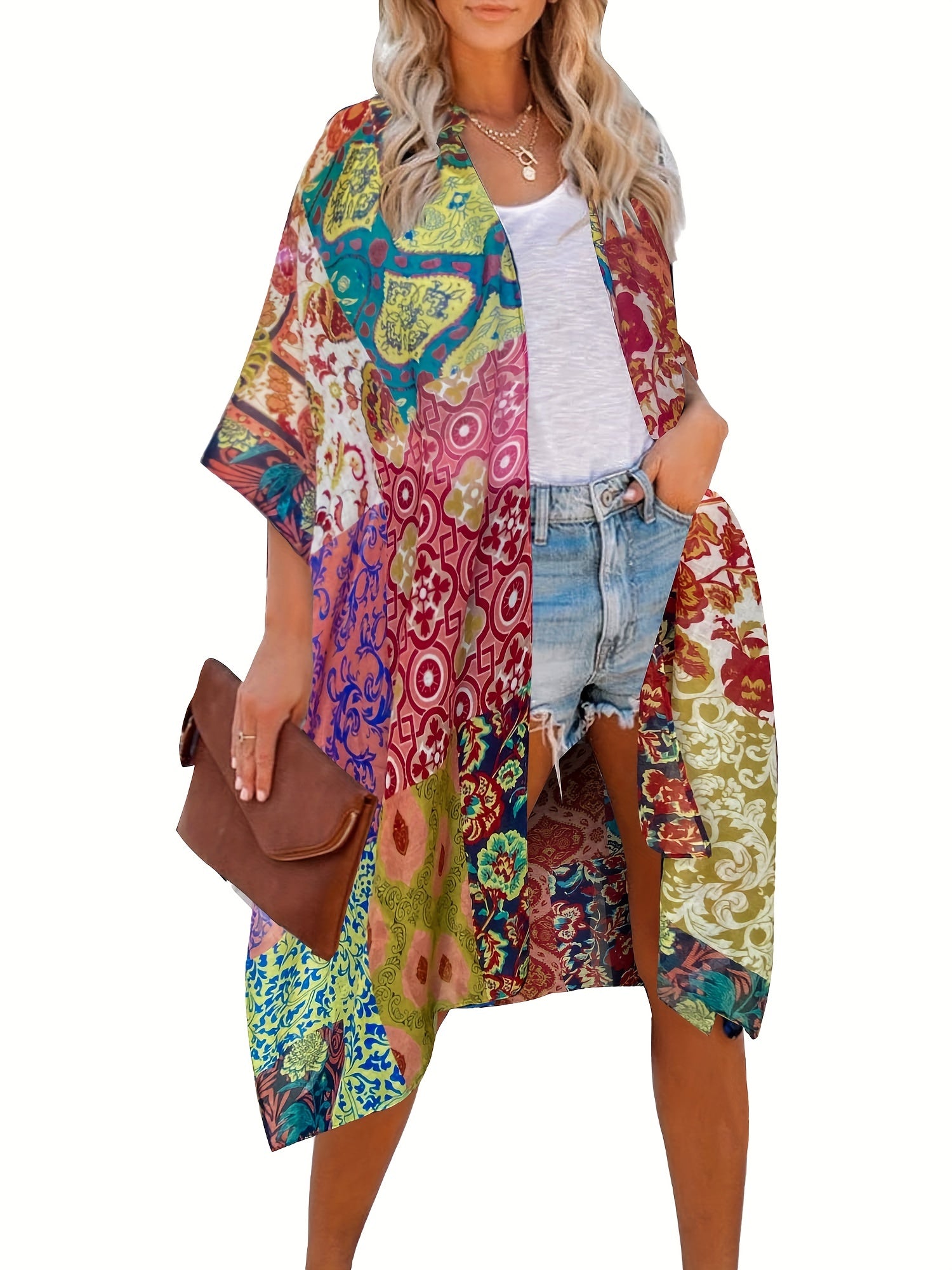 Boho Cover Up Women's Plus Floral Print Bat Sleeve Open Front