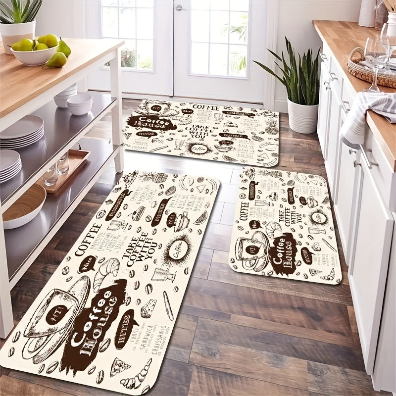 Absorbent Non Slip Coffee Pattern Kitchen Rugs Vintage Stain Resistant