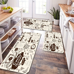 Absorbent Non Slip Coffee Pattern Kitchen Rugs Vintage Stain Resistant