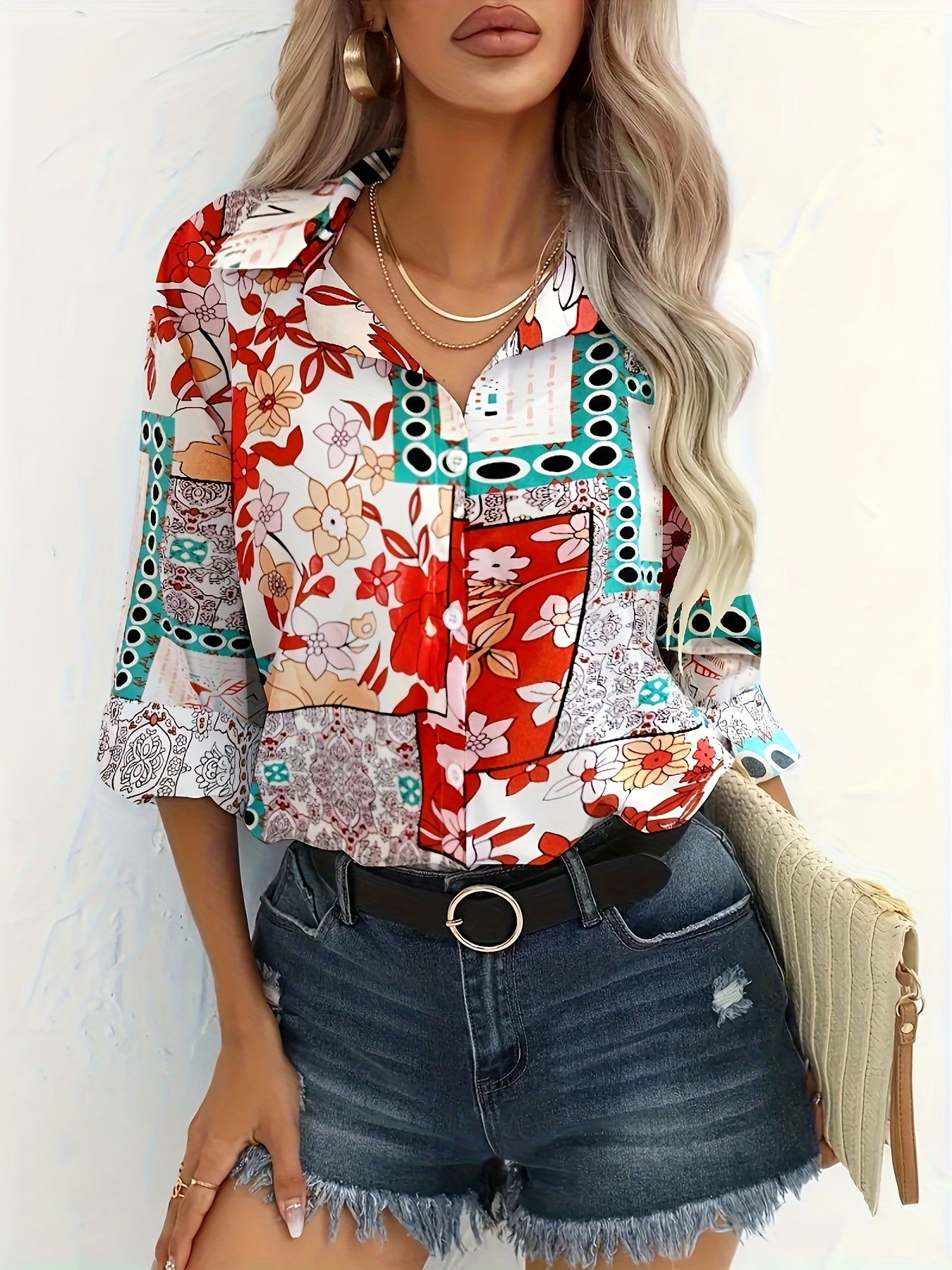 Casual Blouse Women's Plus Scarf & Floral Print Button Up