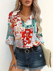Casual Blouse Women's Plus Scarf & Floral Print Button Up
