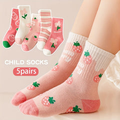 Girls Pink Flowers Strawberry Pattern Crew Socks for Autumn