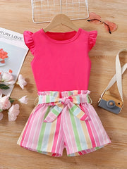 Girls Ruffled Sleeves Tee & Stripe Shorts Set