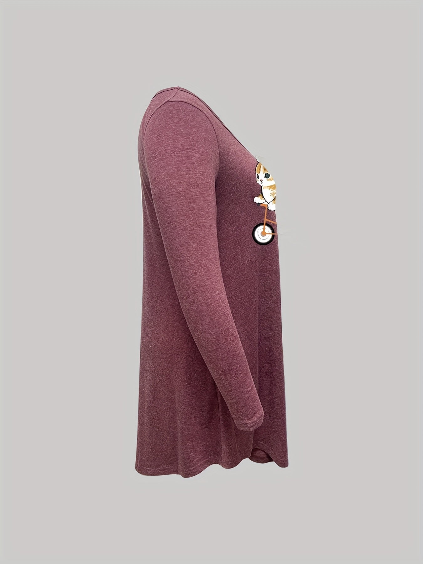 Casual Nightdress Women's Plus Cat Print Long Sleeve Sleep Dress