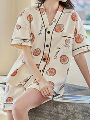 Fruit Print Button Lounge Set Short Sleeve Top & Loose Shorts