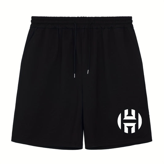 Men's H Print Workout Shorts Active Stretchable Sports Drawstring Shorts
