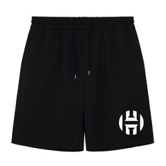 Men's H Print Workout Shorts Active Stretchable Sports Drawstring Shorts