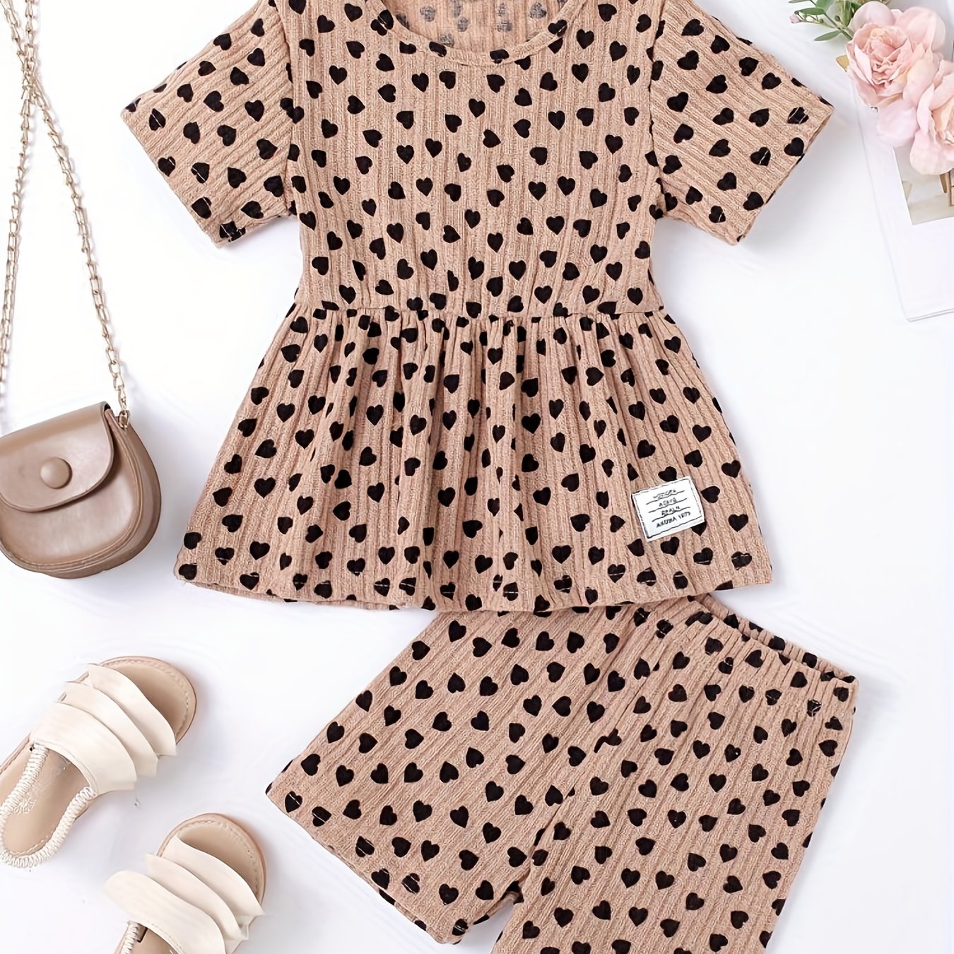 Girls Heart Graphic Peplum Crew Neck T Shirt Top & Shorts Set