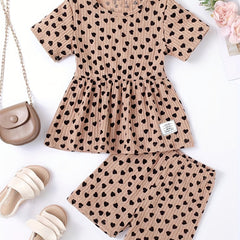 Girls Heart Graphic Peplum Crew Neck T Shirt Top & Shorts Set