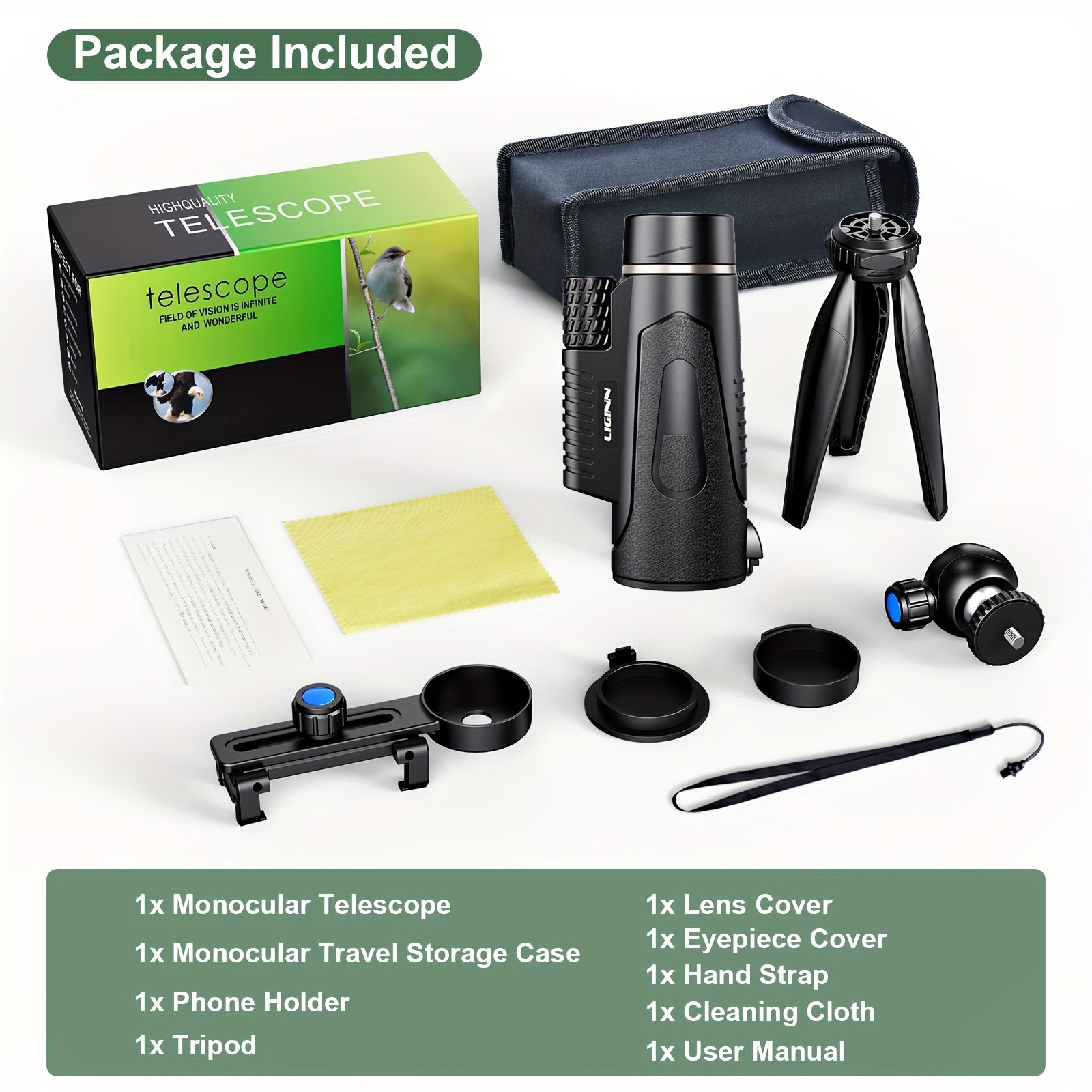 12x50 Monocular Telescope with Smartphone Holder, Upgraded Tripod