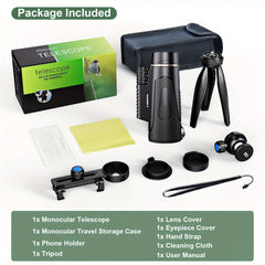 12x50 Monocular Telescope with Smartphone Holder, Upgraded Tripod