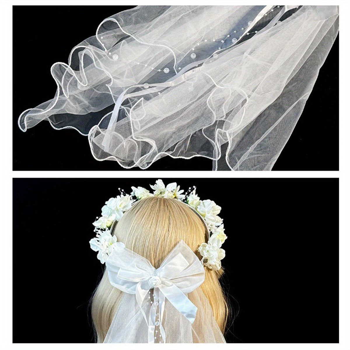 Short Wedding Veil with Floral Headband Sheer Lace Bridal Veil Flowers & Bow