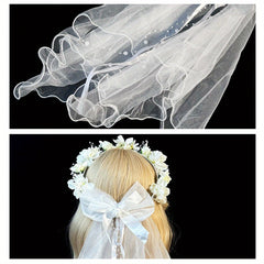 Bridal Veil with Floral Headband Sheer Lace Layer Flowers Bow Accent