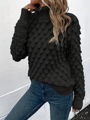 Fish Scale Turtleneck Sweater Long Sleeve Knit Casual Solid