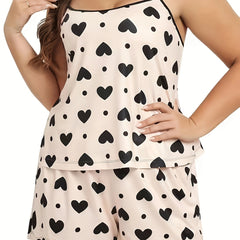 Heart & Polka Dot Print Cami Top & Shorts Pajama Set